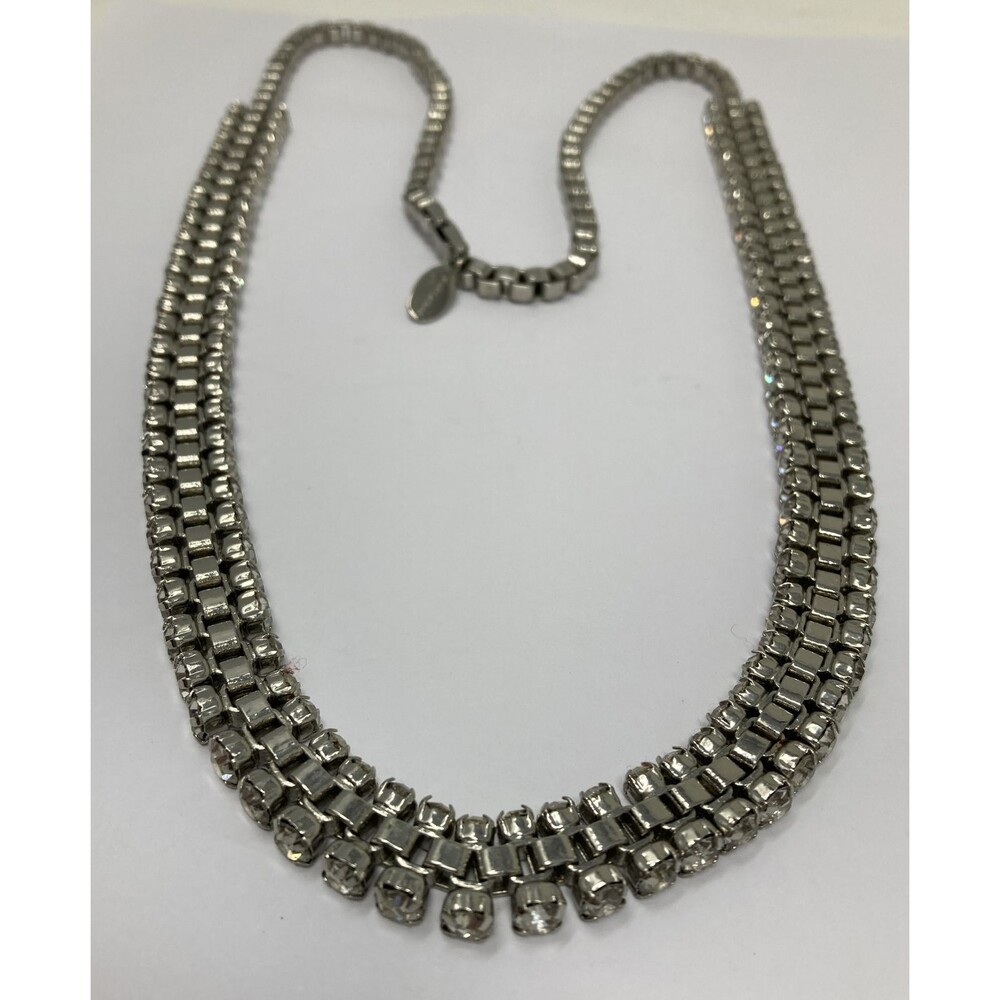 ANN TAYLOR Clear Crystal  STATEMENT NECKLACE Silver Tone Sparkle Bling Long